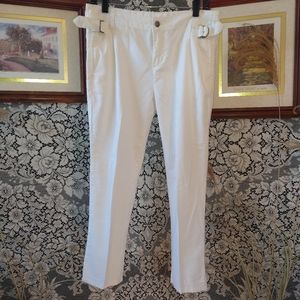 Jeanology Collection white pants linen and cotton blend with buckles on hips